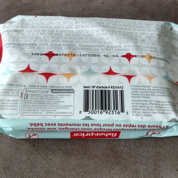 72-CT ALOE VERA & CHAMOMILE FISHER PRICE SMART CARE BABY WIPES - Picture 3 of 5